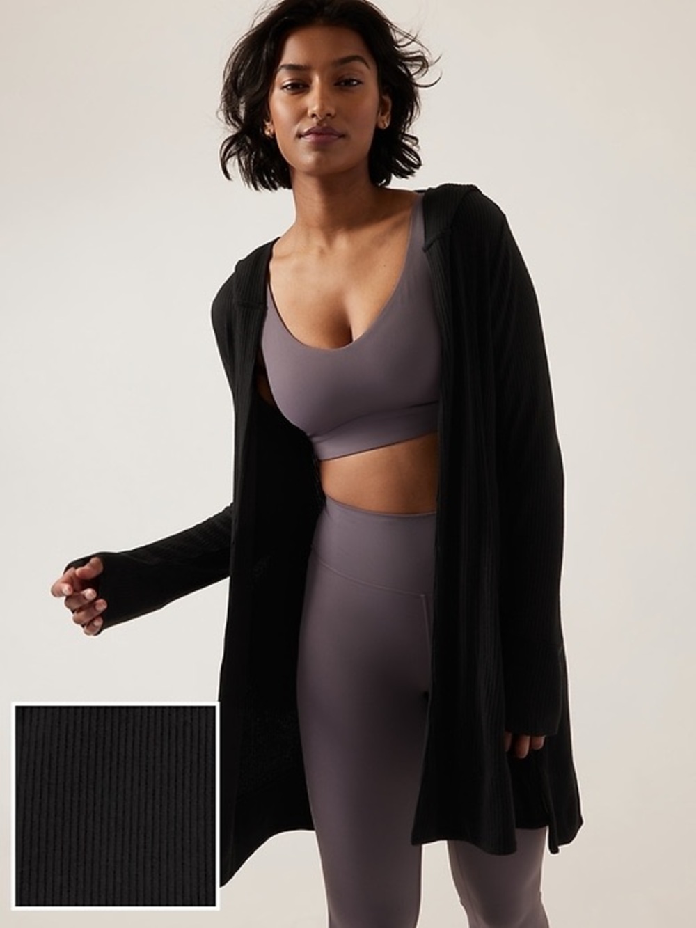 Athleta Black Ribbed Harmony Hooded Cardigan